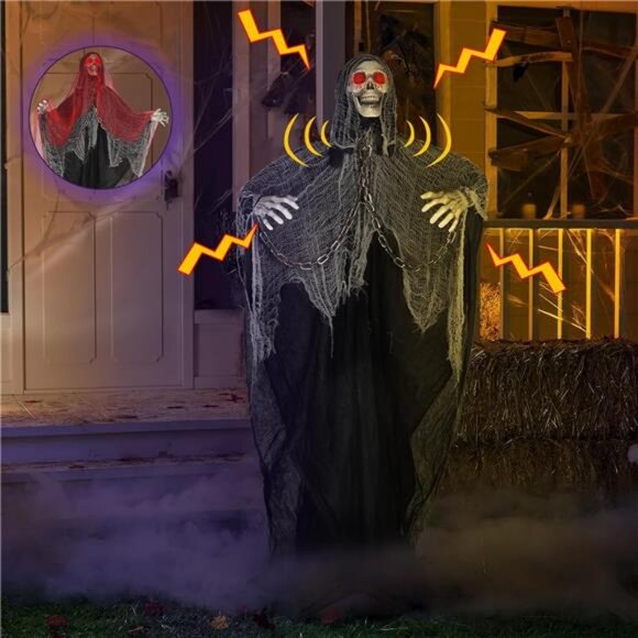 71'' Life Size Halloween Decor Halloween Skeleton with Light-Up Eyes & Sound